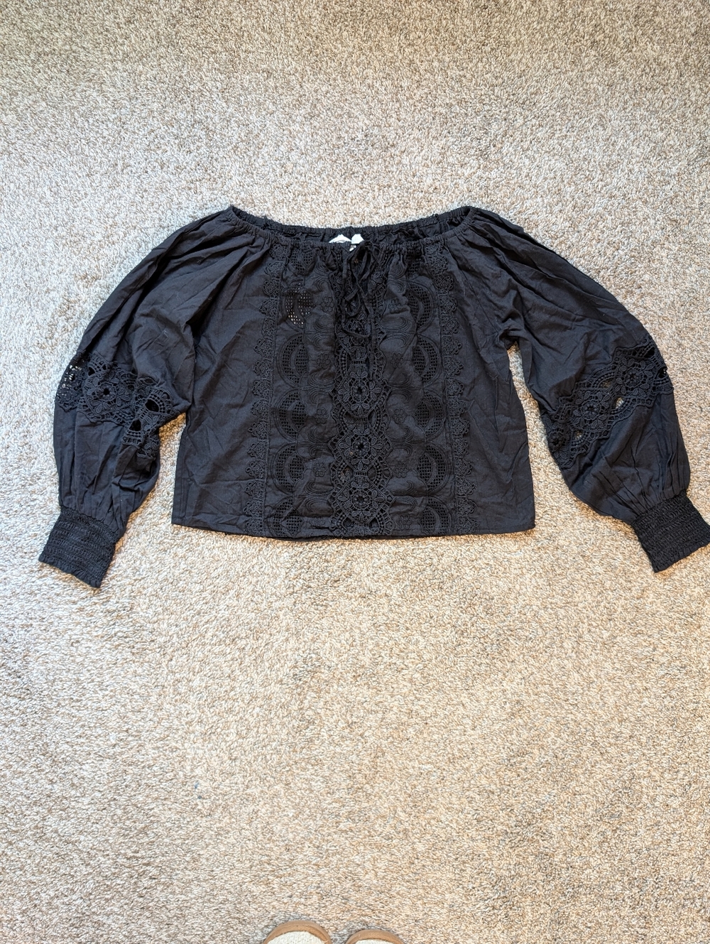 NWT Black Whimsigoth Lace-Trim Off-Shoulder‎ Women's Top Sz S, Boho Witchy